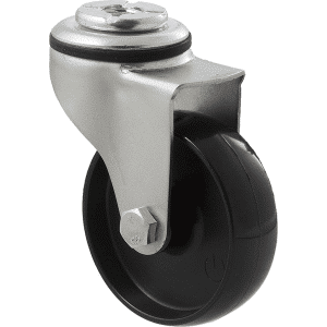 K Series castor, 75mm x 28mm x 23mm hard black nylon wheel, nylon plain bearing, swivel bolt hole zinc, 65 kg load rating