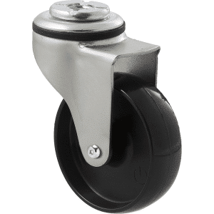 K Series castor, 75mm x 28mm x 23mm hard black nylon wheel, nylon plain bearing, swivel bolt hole zinc, Chicago screw axle, 65 kg load rating