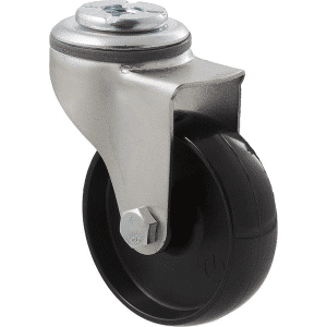 K Series castor, 75mm x 28mm x 23mm hard black nylon wheel, nylon plain bearing, swivel bolt hole zinc, grey seal, 65 kg load rating