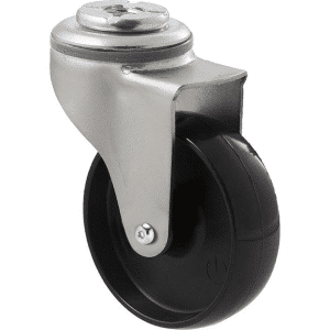 K Series castor, 75mm x 28mm x 23mm hard black nylon wheel, nylon plain bearing, swivel bolt hole zinc, Chicago screw axle, grey seal, 65 kg load rating
