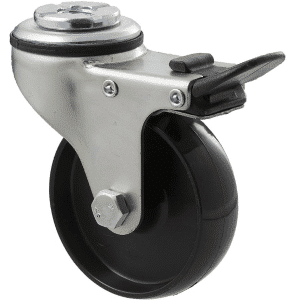 K Series castor, 75mm x 28mm x 23mm hard black nylon wheel, plain bearing, swivel bolt hole, total brake, 65 kg load rating
