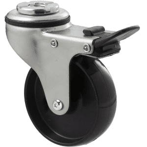 K Series castor, 75mm x 28mm x 23mm hard black nylon wheel, plain bearing, swivel bolt hole, total brake, Chicago screw axle, 65 kg load rating
