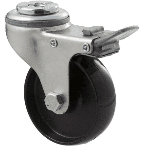 K Series castor, 75mm x 28mm x 23mm hard black nylon wheel, plain bearing, swivel bolt hole, total brake, grey seal & pedal, 65 kg load rating
