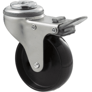 K Series castor, 75mm x 28mm x 23mm hard black nylon wheel, plain bearing, swivel bolt hole, total brake, Chicago screw axle, grey seal & pedal, 65 kg load rating