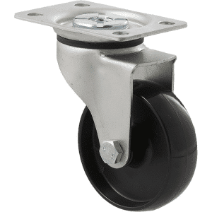 K Series castor, 75mm x 28mm x 23mm hard black nylon wheel, nylon plain bearing, swivel plate zinc, 65 kg load rating