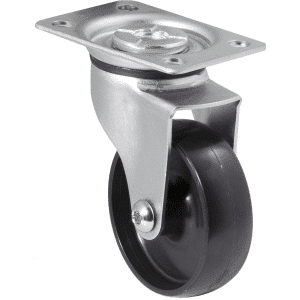 K Series castor, 75mm x 28mm x 23mm hard black nylon wheel, nylon plain bearing, swivel plate zinc, Chicago screw axle, 65 kg load rating