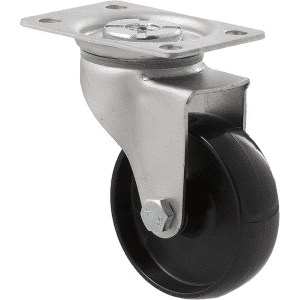K Series castor, 75mm x 28mm x 23mm hard black nylon wheel, nylon plain bearing, swivel plate zinc, grey seal, 65 kg load rating