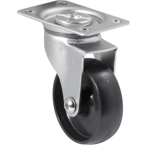 K Series castor, 75mm x 28mm x 23mm hard black nylon wheel, nylon plain bearing, swivel plate zinc, Chicago screw axle, grey seal, 65 kg load rating