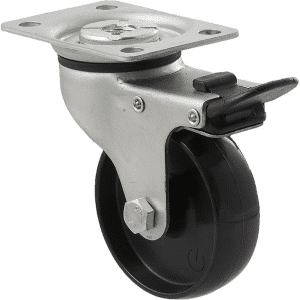 K Series castor, 75mm x 28mm x 23mm hard black nylon wheel, nylon plain bearing, swivel plate, total brake, 65 kg load rating