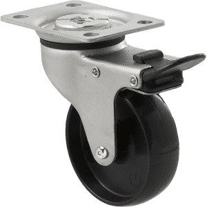 K Series castor, 75mm x 28mm x 23mm hard black nylon wheel, nylon plain bearing, swivel plate, total brake, Chicago screw axle, 65 kg load rating