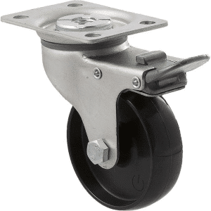 K Series castor, 75mm x 28mm x 23mm hard black nylon wheel, nylon plain bearing, swivel plate, total brake, grey seal & pedal, 65 kg load rating