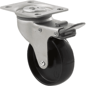 K Series castor, 75mm x 28mm x 23mm hard black nylon wheel, nylon plain bearing, swivel plate, total brake, Chicago screw axle, grey seal & pedal, 65 kg load rating