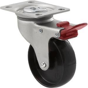 K Series castor, 75mm x 28mm x 23mm hard black nylon wheel, nylon plain bearing, swivel plate, total brake, Chicago screw axle, grey seal & red pedal, 65 kg load rating