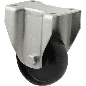 K Series castor, 75mm x 28mm x 23mm hard black nylon wheel, nylon plain bearing, fixed plate zinc, 65 kg load rating