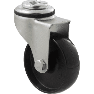 K Series castor, 75mm x 28mm x 23mm hard black nylon wheel, nylon plain bearing, swivel bolt hole zinc, 65 kg load rating
