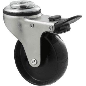 K Series castor, 75mm x 28mm x 23mm hard black nylon wheel, plain bearing, swivel bolt hole, total brake, Chicago screw axle, 65 kg load rating