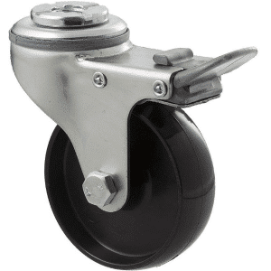 K Series castor, 75mm x 28mm x 23mm hard black nylon wheel, plain bearing, swivel bolt hole, total brake, grey seal & pedal, 65 kg load rating