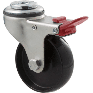 K Series castor, 75mm x 28mm x 23mm hard black nylon wheel, plain bearing, swivel bolt hole, total brake, grey seal & red pedal, 65 kg load rating