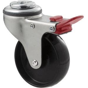 K Series castor, 75mm x 28mm x 23mm hard black nylon wheel, plain bearing, swivel bolt hole, total brake, Chicago screw axle, grey seal & red pedal, 65 kg load rating