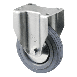 K Series castor, 100mm x 23mm grey rubber wheel, plain bearing, thread guard, fixed plate, 50 kg load rating