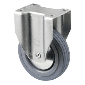 K Series castor, 100mm x 23mm grey rubber wheel, plain bearing, thread guard, fixed plate, Chicago screw axle, 50 kg load rating
