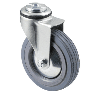 K Series castor, 100mm x 23mm grey rubber wheel, plain bearing, thread guard, swivel bolt hole, 50 kg load rating
