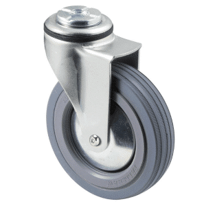 K Series castor, 100mm x 23mm grey rubber wheel, plain bearing, thread guard, swivel bolt hole, Chicago screw axle, 50 kg load rating