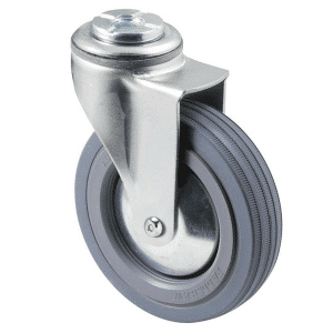 K Series castor, 100mm x 23mm grey rubber wheel, plain bearing, thread guard, swivel bolt hole, Chicago screw axle, grey seal, 50 kg load rating