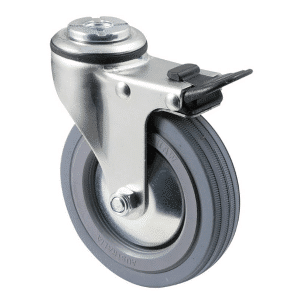 K Series castor, 100mm x 23mm grey rubber wheel, thread guard, swivel bolt hole, total brake, 50 kg load rating