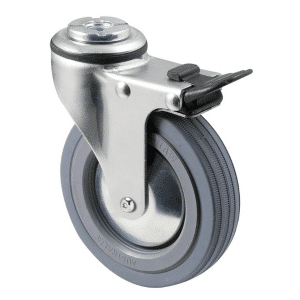 K Series castor, 100mm x 23mm grey rubber wheel, thread guard, swivel bolt hole, total brake, Chicago screw axle, 50 kg load rating