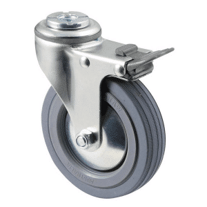 K Series castor, 100mm x 23mm grey rubber wheel, thread guard, swivel bolt hole, total brake, grey seal & pedal, 50 kg load rating
