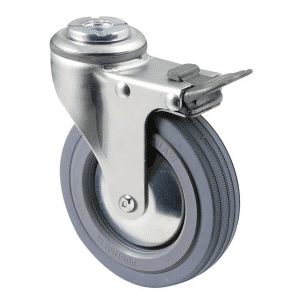 K Series castor, 100mm x 23mm grey rubber wheel, thread guard, swivel bolt hole, total brake, Chicago screw axle, grey seal & pedal, 50 kg load rating