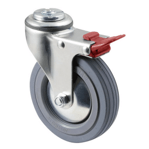 K Series castor, 100mm x 23mm grey rubber wheel, thread guard, swivel bolt hole, total brake, grey seal & red pedal, 50 kg load rating