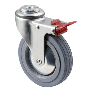 K Series castor, 100mm x 23mm grey rubber wheel, thread guard, swivel bolt hole, total brake, Chicago screw axle, grey seal & red pedal, 50 kg load rating