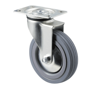 K Series castor, 100mm x 23mm grey rubber wheel, plain bearing, thread guard, swivel plate, 50 kg load rating