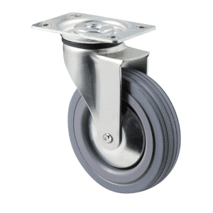 K Series castor, 100mm x 23mm grey rubber wheel, plain bearing, thread guard, swivel plate, Chicago screw axle, 50 kg load rating