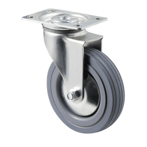 K Series castor, 100mm x 23mm grey rubber wheel, plain bearing, thread guard, swivel plate, grey seal, 50 kg load rating