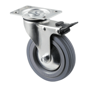K Series castor, 100mm x 23mm grey rubber wheel, thread guard, swivel plate, total brake, 50 kg load rating