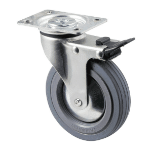 K Series castor, 100mm x 23mm grey rubber wheel, thread guard, swivel plate, total brake, Chicago screw axle, 50 kg load rating