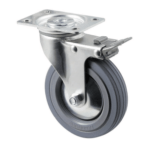 K Series castor, 100mm x 23mm grey rubber wheel, thread guard, swivel plate, total brake, grey seal & pedal, 50 kg load rating