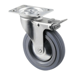 K Series castor, 100mm x 23mm grey rubber wheel, thread guard, swivel plate, total brake, Chicago screw axle, grey seal & pedal, 50 kg load rating