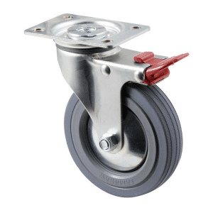 K Series castor, 100mm x 23mm grey rubber wheel, thread guard, swivel plate, total brake, grey seal & red pedal, 50 kg load rating