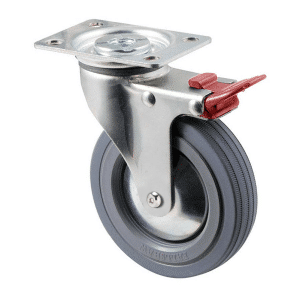 K Series castor, 100mm x 23mm grey rubber wheel, thread guard, swivel plate, total brake, Chicago screw axle, grey seal & red pedal, 50 kg load rating