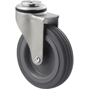 K Series castor, 100mm x 23mm grey rubber wheel, plain bearing, swivel bolt hole zinc, Chicago screw axle, 50 kg load rating