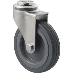 K Series castor, 100mm x 23mm grey rubber wheel, plain bearing, swivel bolt hole zinc, grey seal, 50 kg load rating
