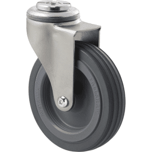 K Series castor, 100mm x 23mm grey rubber wheel, plain bearing, swivel bolt hole zinc, Chicago screw axle, grey seal, 50 kg load rating