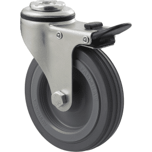 K Series castor, 100mm x 23mm grey rubber wheel, plain bearing, swivel bolt hole, total brake, 50 kg load rating