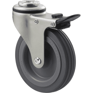 K Series castor, 100mm x 23mm grey rubber wheel, plain bearing, swivel bolt hole, total brake, Chicago screw axle, 50 kg load rating
