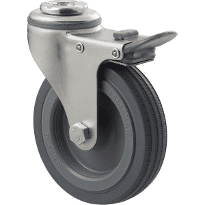 K Series castor, 100mm x 23mm grey rubber wheel, plain bearing, swivel bolt hole, total brake, grey seal & pedal, 50 kg load rating