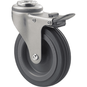 K Series castor, 100mm x 23mm grey rubber wheel, plain bearing, swivel bolt hole, total brake, Chicago screw axle, grey seal & pedal, 50 kg load rating